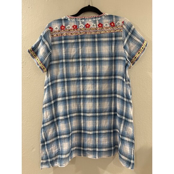 Kyla Seo blue white plaid floral embroidered short sleeve boho tunic shirt large - Picture 6 of 10